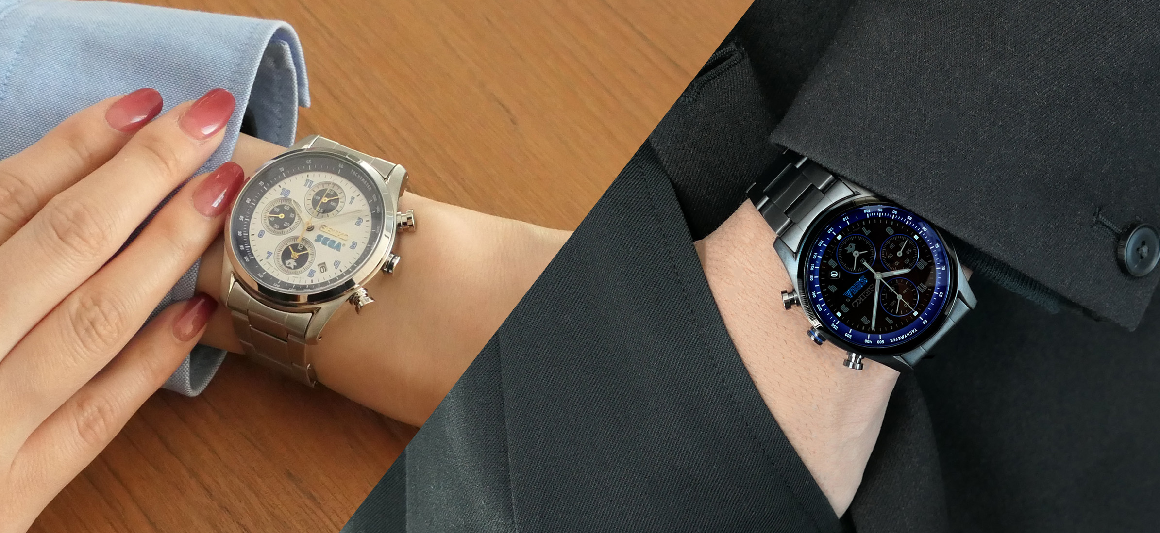 スーツ着用男性(ブラックを着用)とカジュアルウェア着用女性(シルバーを着用)のフィッティングイメージ