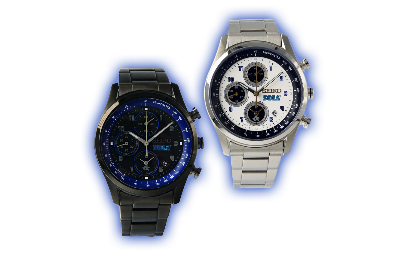セガ誕生65周年を記念した、セイコーとのコラボレーションウオッチ 2種　ブラック、シルバーのクロースアップ写真と、65th Anniversaryの文字